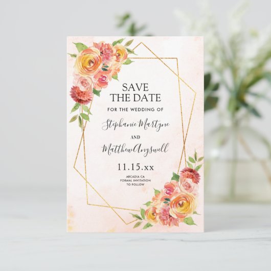 Fall Floral Modern Geometric Wedding Save The Date (Stehend Vorderseite)