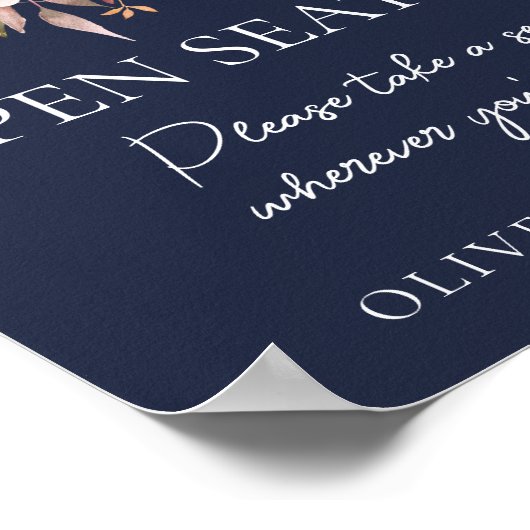 Fall Floral Navy Blue Hochzeit Open Seating Zeiche Poster (Ecke)