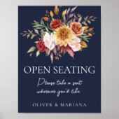 Fall Floral Navy Blue Hochzeit Open Seating Zeiche Poster (Vorne)