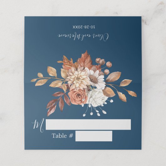 Fall Floral Navy Blue Wedding Platzkarte (Außenseite Aufgefaltet)