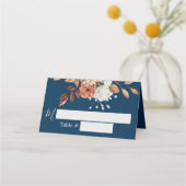 Fall Floral Navy Blue Wedding Platzkarte (Vorderseite)