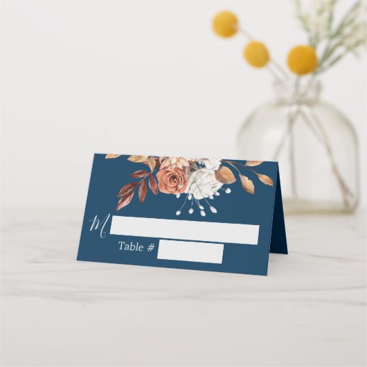 Fall Floral Navy Blue Wedding Platzkarte (Vorderseite)