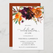 Fall Floral Orange Burgundy Feier des Lebens Einladung (Vorne/Hinten)