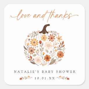Fall Floral Pumpkin Baby Dusche Danke Quadratischer Aufkleber