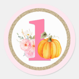 Fall Floral Pumpkin Baby Girl's 1st Birthday ONE Runder Aufkleber