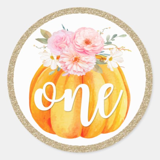 Fall Floral Pumpkin Baby Girl's 1st Birthday ONE Runder Aufkleber (Vorderseite)