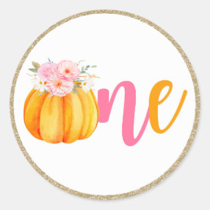 Fall Floral Pumpkin Baby Girl's 1st Birthday ONE Runder Aufkleber