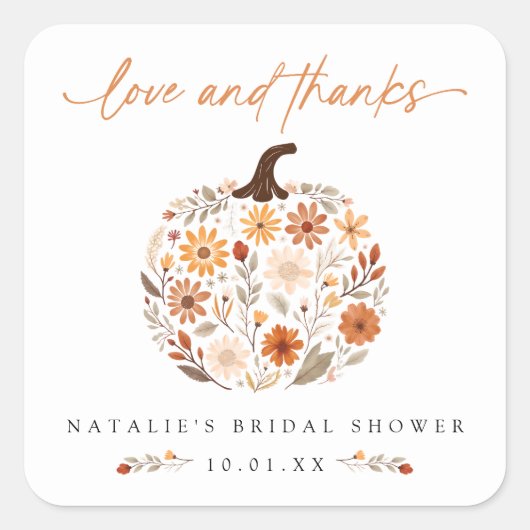 Fall Floral Pumpkin Brautparty Vielen Dank Quadratischer Aufkleber (Vorderseite)