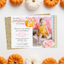Fall Floral Pumpkin Girl's Custom Birthday Foto Einladung
