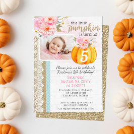 Fall Floral Pumpkin Girl's Custom Birthday Foto Einladung