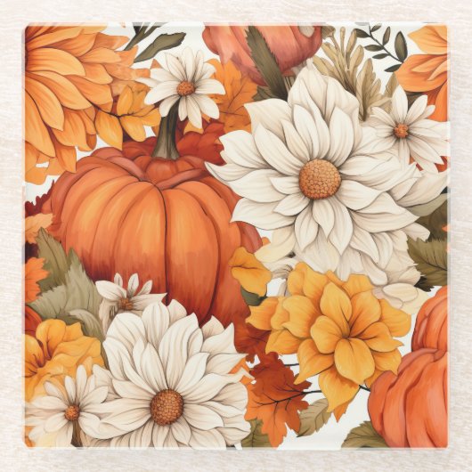 Fall Floral Pumpkin Glasuntersetzer (Vorderseite)