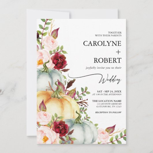 Fall Floral Pumpkin Hochzeit Einladung (Vorderseite)