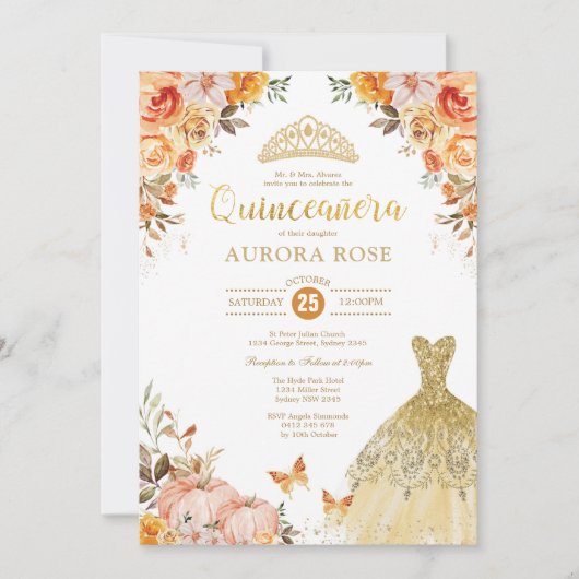 Fall Floral Pumpkin Quinceañera Mis Quince Anos Einladung (Vorderseite)