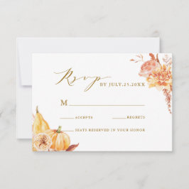 Fall Floral Pumpkin Rustic Wedding Gold Script RSVP Karte