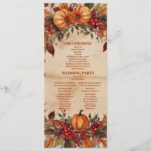 Fall Floral Pumpkin Rustikale Hochzeit Programm (Vorderseite)