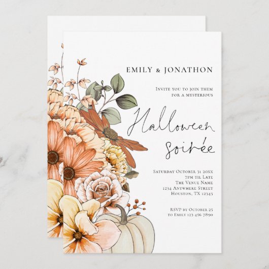 Fall Floral Pumpkin Script-Halloween-Party Einladung (Vorne/Hinten)