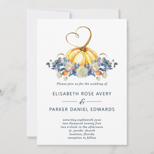 Fall Floral Pumpkin Wedding Einladung (Vorderseite)