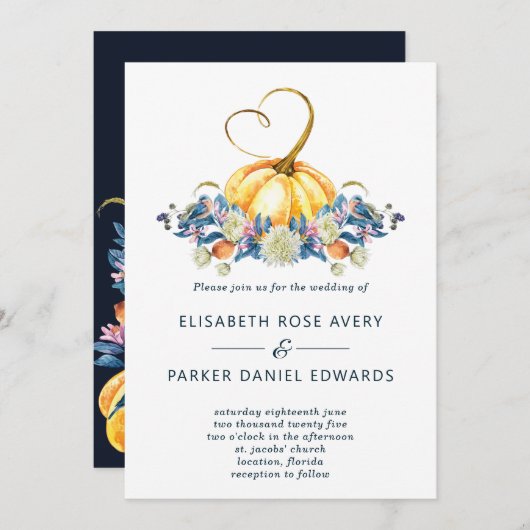 Fall Floral Pumpkin Wedding Einladung (Vorne/Hinten)
