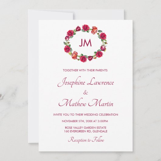 Fall Floral Rose Wreath Monogram Wedding Einladung (Vorderseite)