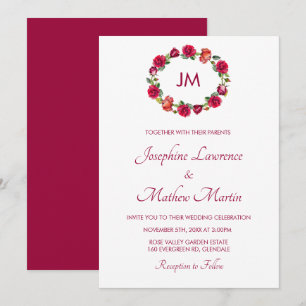 Fall Floral Rose Wreath Monogram Wedding Einladung
