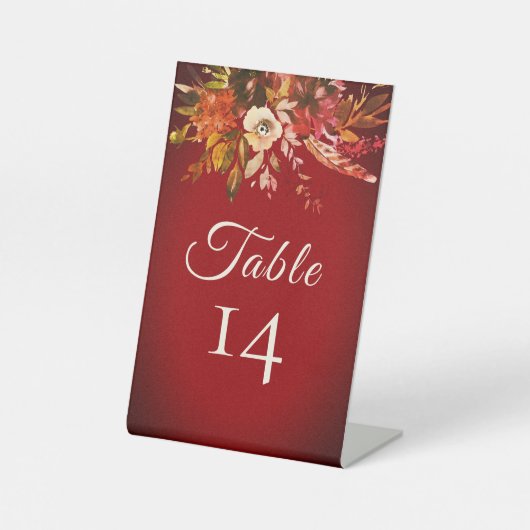 Fall Floral Rustic Red Wedding Tischnummer Sockelschild (Vorderseite)