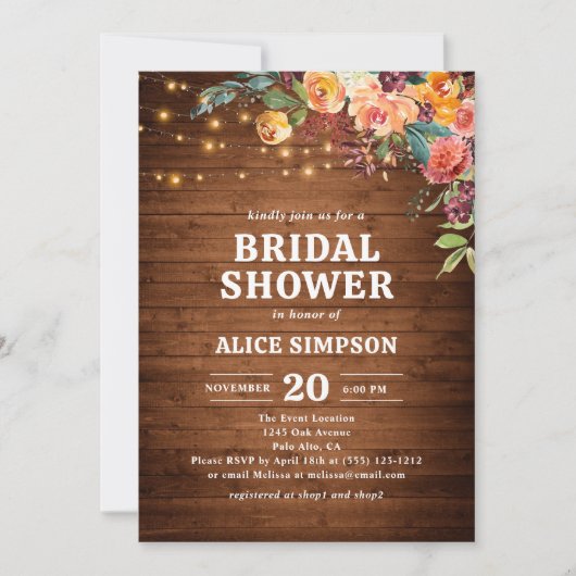 Fall Floral Rustic Wood Brautparty Einladung (Vorderseite)
