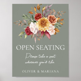 Fall Floral Sage Green Wedding Open Seating Zeiche Poster