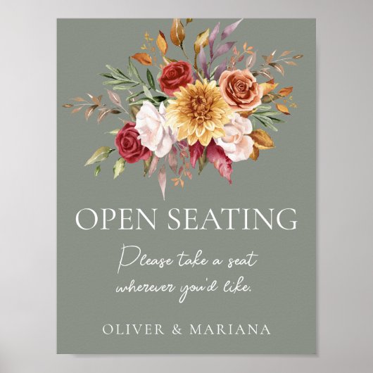 Fall Floral Sage Green Wedding Open Seating Zeiche Poster (Vorne)