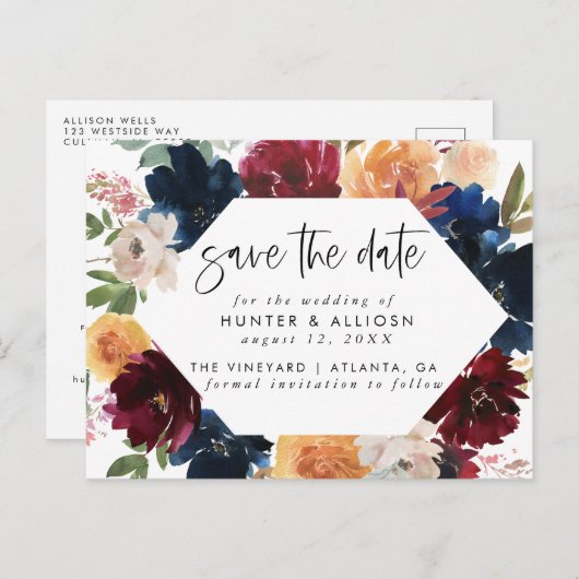 Fall Floral Save the Date Postkarte (Vorne/Hinten)
