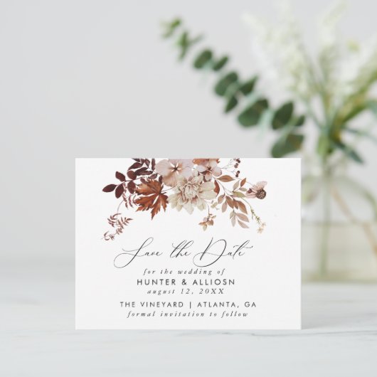 Fall Floral Save the Date Postkarte (Stehend Vorderseite)
