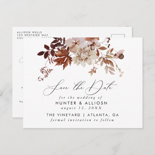 Fall Floral Save the Date Postkarte (Vorne/Hinten)
