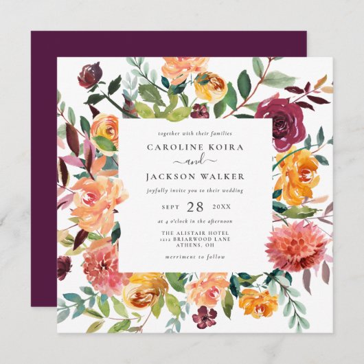 Fall Floral Square Hochzeit Einladung (Vorne/Hinten)
