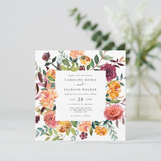 Fall Floral Square Hochzeit Einladung (Stehend Vorderseite)