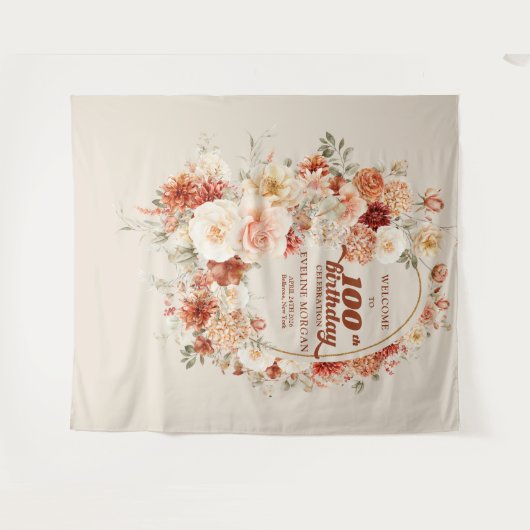 Fall floral terracotta blush groovy 100th birthday wandteppich (Vorderseite (Horizontal))