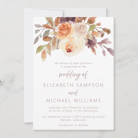 Fall Floral Terracotta Plum Hochzeit Einladung (Vorderseite)