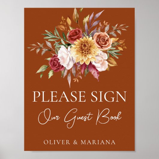 Fall Floral Terracotta Wedding Guest Book Sign Poster (Vorne)