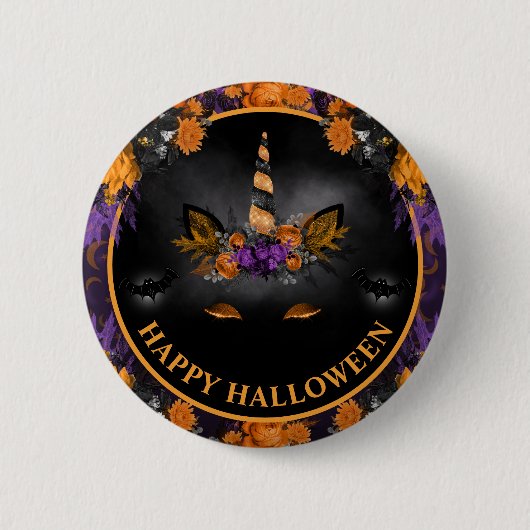Fall Floral Unicorn Gesicht Happy Halloween Button (Vorderseite)
