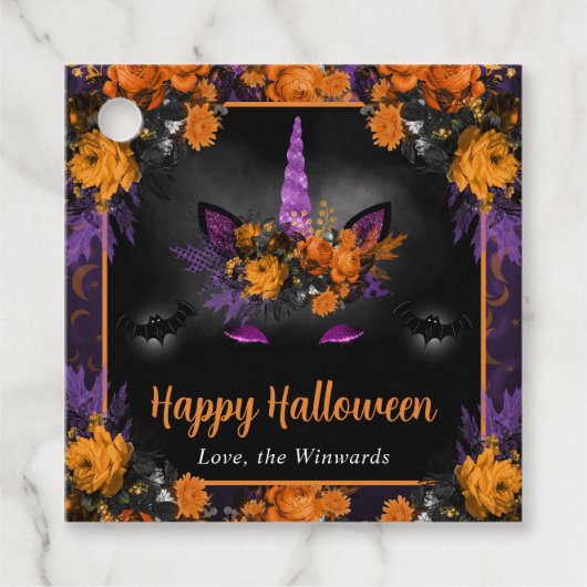 Fall Floral Unicorn Gesicht Happy Halloween Geschenkanhänger (Vorderseite)