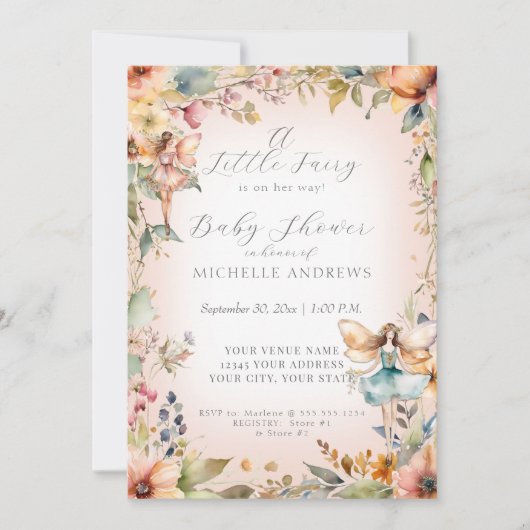 Fall Floral verzaubert Fairy Pink Girl Babydusche Einladung (Vorderseite)