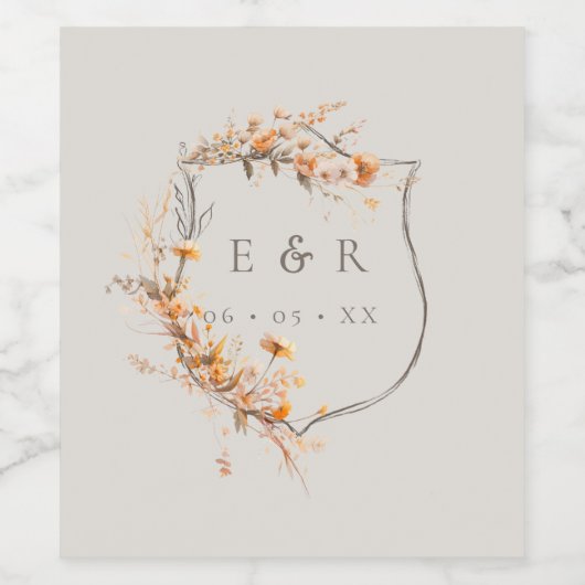 Fall Floral Wappen Monogram Wedding Weinetikett (Einzelnes Label)