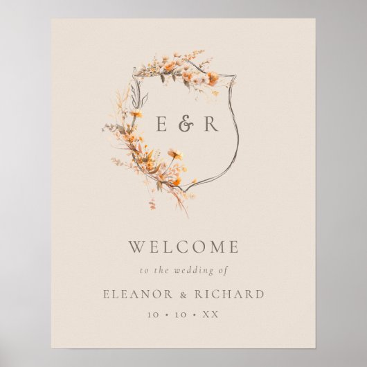 Fall Floral Wappen Monogram Wedding Welcome Poster (Vorne)