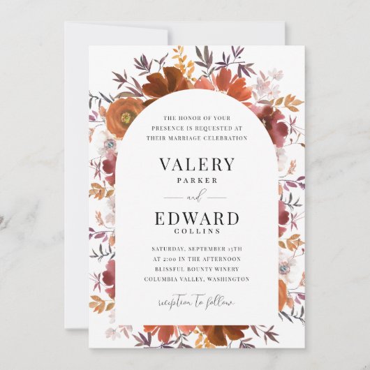 Fall Floral Wedding Elegant Boho Einladung (Vorderseite)