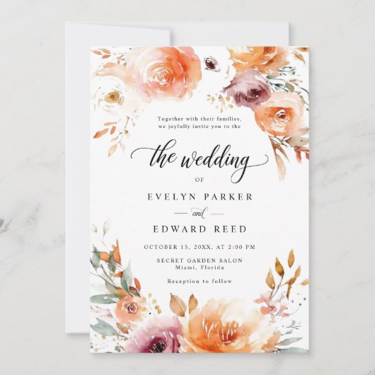Fall Floral Wedding Rustic Botanical Boho Chic Einladung (Vorderseite)