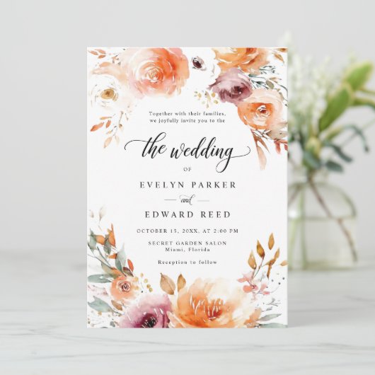 Fall Floral Wedding Rustic Botanical Boho Chic Einladung (Stehend Vorderseite)