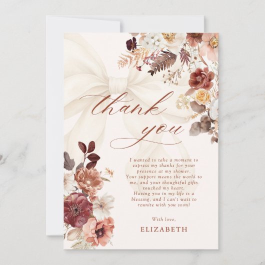 Fall Floral White Bow Brautparty Dankeskarte (Vorderseite)
