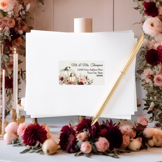 Fall Floral White Pumpkin Burgundy Rücksendeadress Adressaufkleber