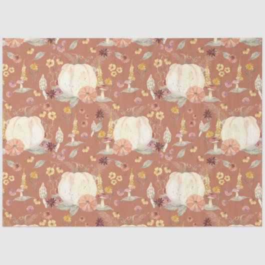 Fall Floral White Pumpkin Mushroom Rust Dekoupage Seidenpapier (Vorderseite)