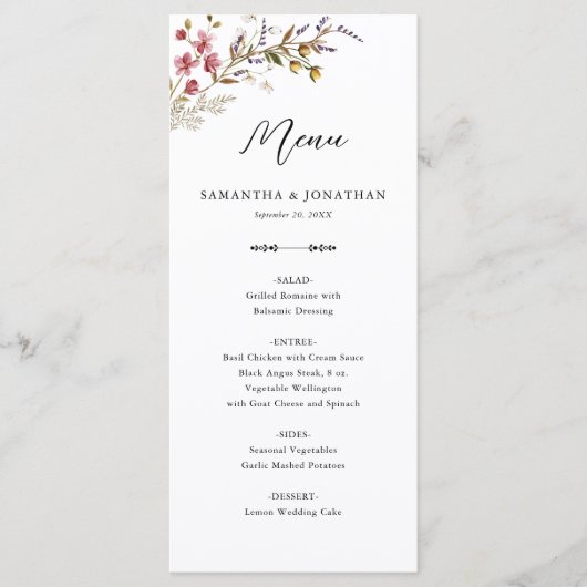 Fall Floral Wildflowers Wedding Reception Menu Menükarte (Vorderseite)