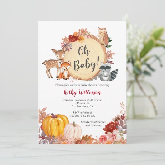 Fall Floral Woodland Babydusche Einladung (Stehend Vorderseite)