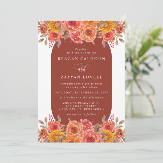 Fall Florale Terracotta Einladung (Stehend Vorderseite)